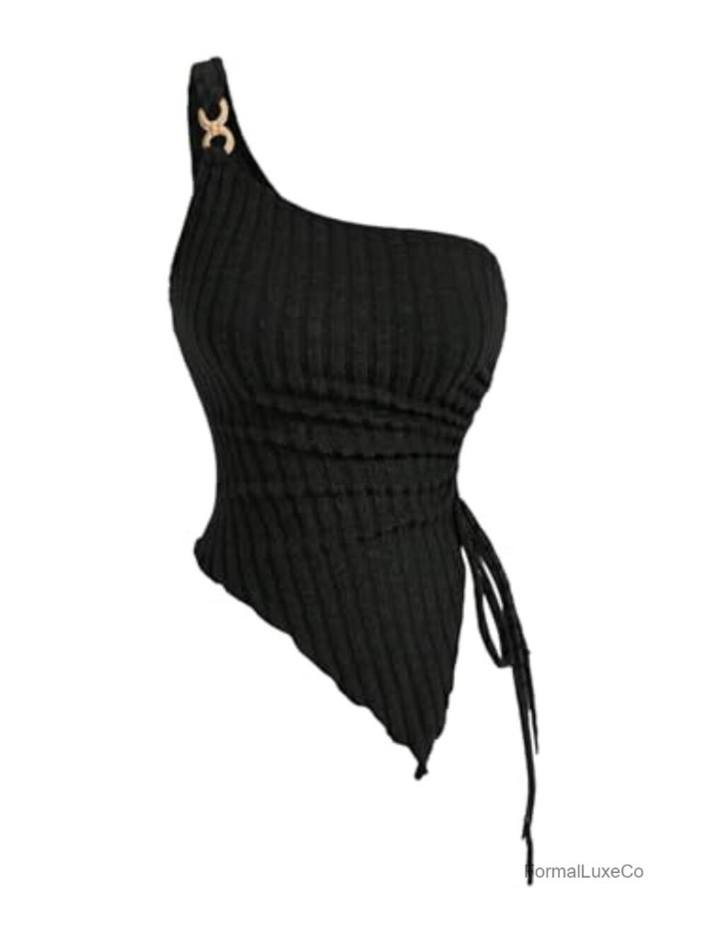 One Shoulder Sleeveless Knitted Drawstring Asymmetrical Hem Ruched Tube Top